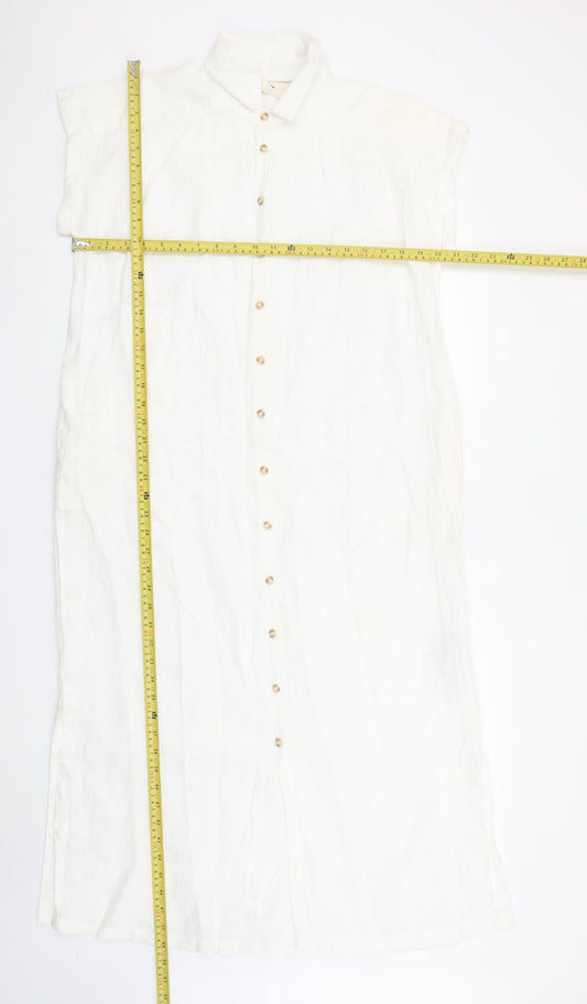 FatFace Women White Linen Shirt Dress Size 10 Short Sleeve Summer