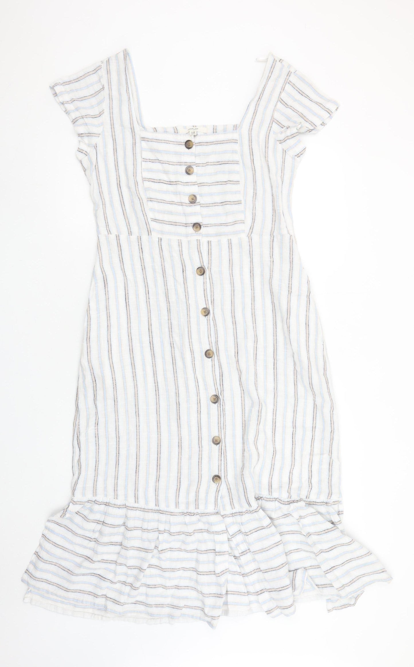 Next Women White Striped Linen Blend Button Knee Length Petite Dress Size 10