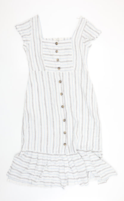 Next Women White Striped Linen Blend Button Knee Length Petite Dress Size 10