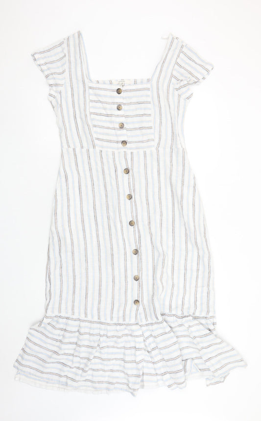 Next Women White Striped Linen Blend Button Knee Length Petite Dress Size 10