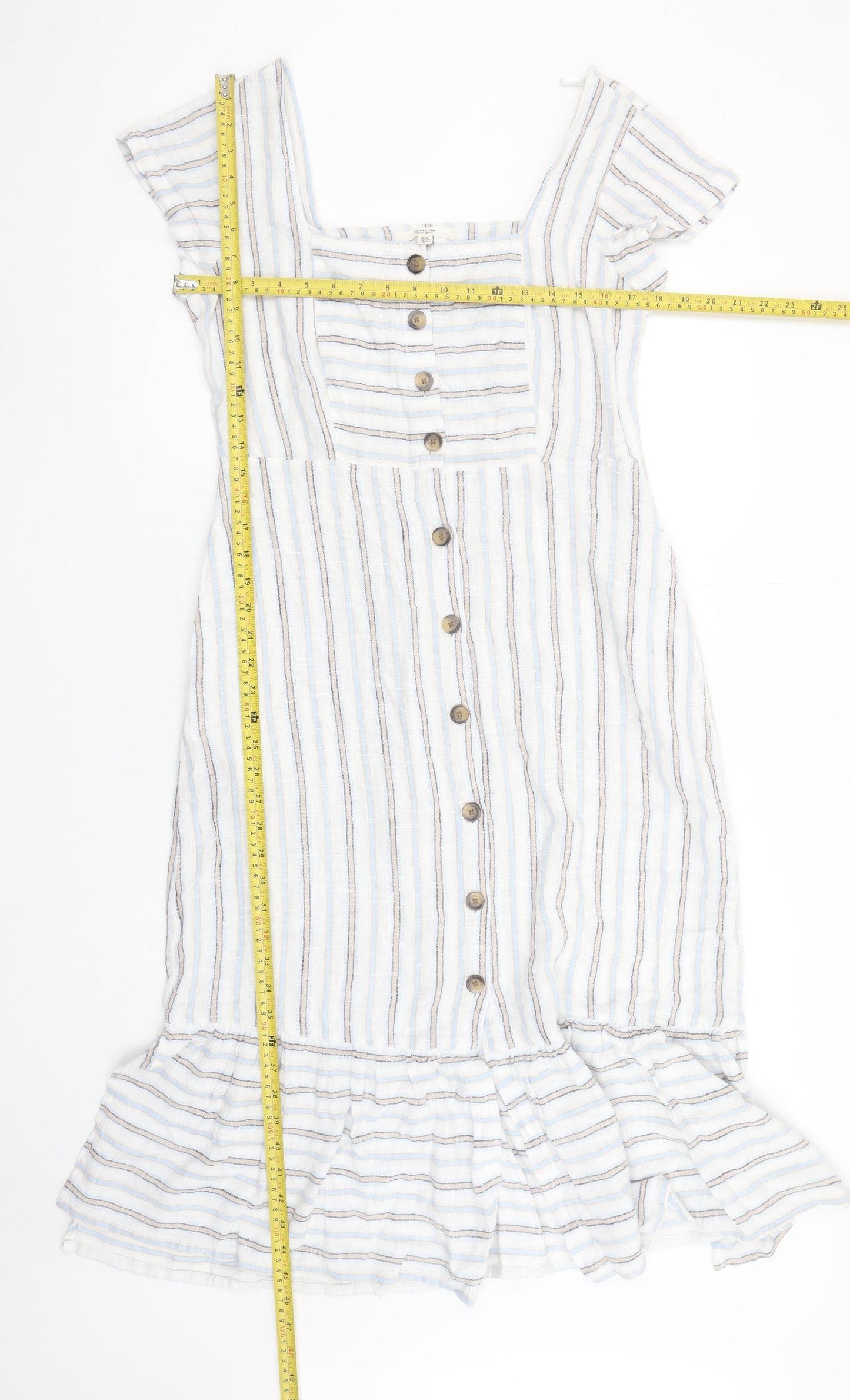 Next Women White Striped Linen Blend Button Knee Length Petite Dress Size 10