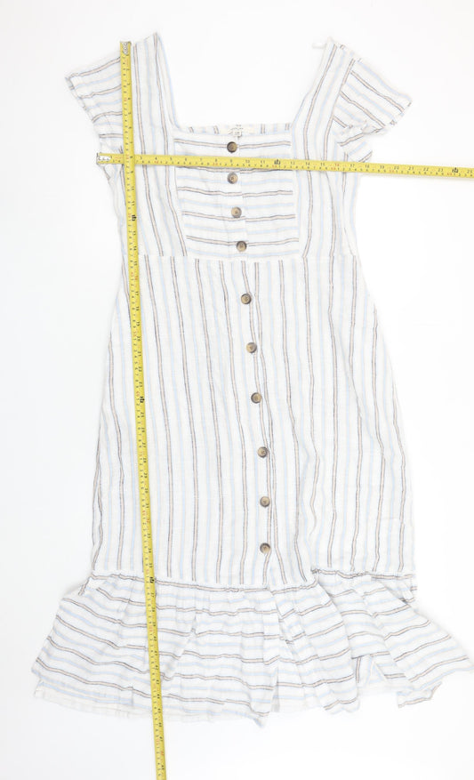 Next Women White Striped Linen Blend Button Knee Length Petite Dress Size 10