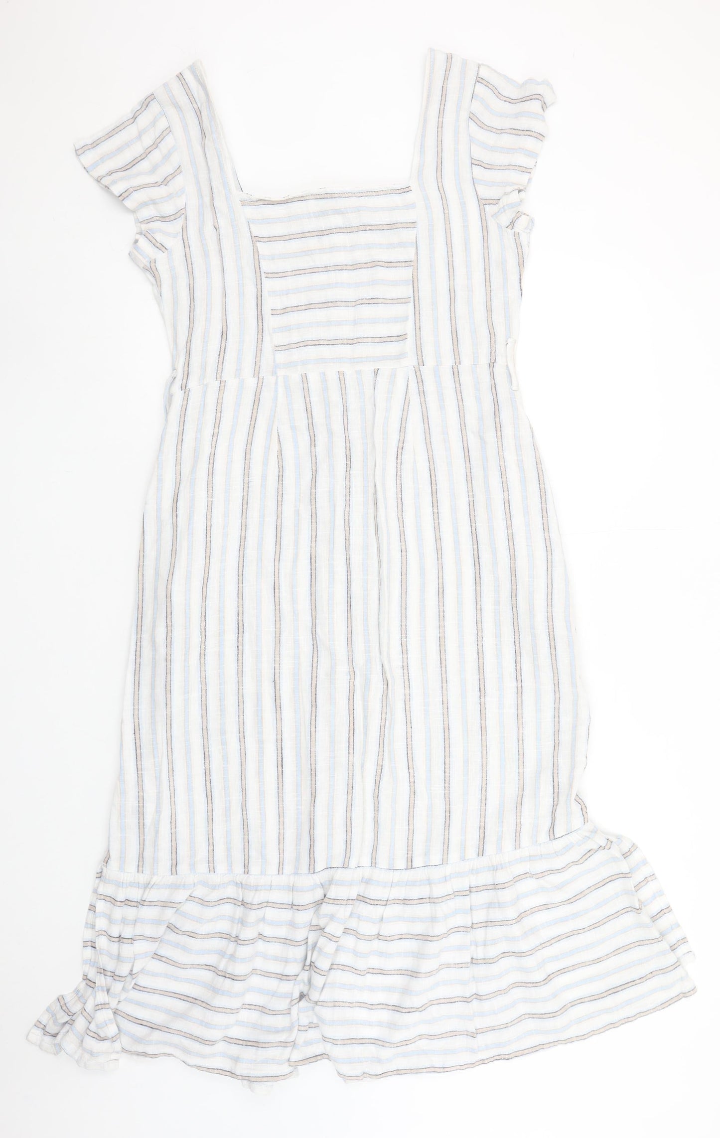 Next Women White Striped Linen Blend Button Knee Length Petite Dress Size 10