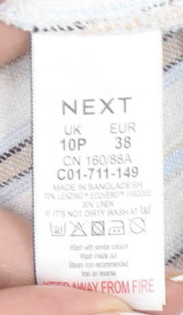 Next Women White Striped Linen Blend Button Knee Length Petite Dress Size 10
