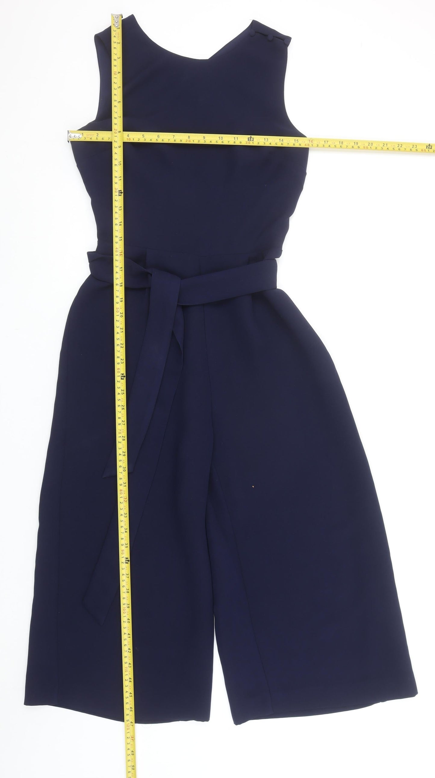 Warehouse Women's Navy Blue Belted Sleeveless Crepe Jumpsuit Size 8