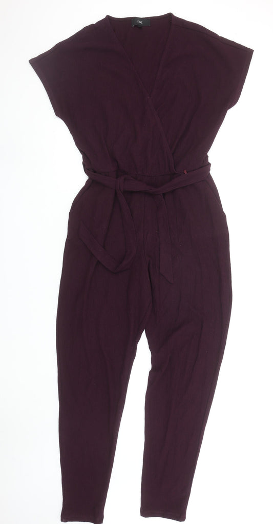 Next Womens Plum Purple Jumpsuit Size 14R Cotton Belted Wrap Style
