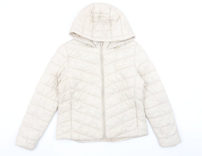Primark Women’s Beige Puffer Jacket Hooded Size S 10-12 Quilted Zip Coat