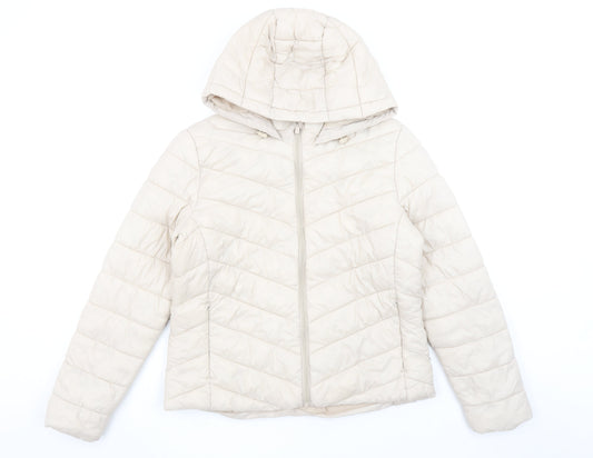 Primark Women’s Beige Puffer Jacket Hooded Size S 10-12 Quilted Zip Coat