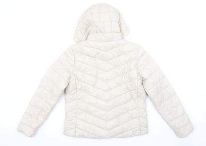Primark Women’s Beige Puffer Jacket Hooded Size S 10-12 Quilted Zip Coat