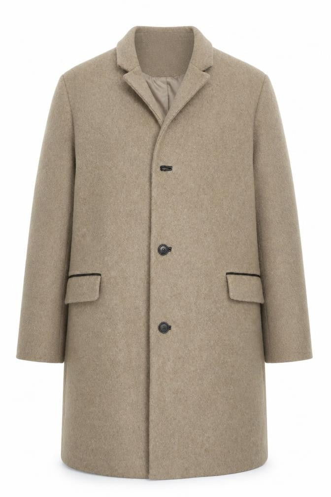 Front view of Topman Beige Wool Blend Long Overcoat unisex adults 2xl classic style