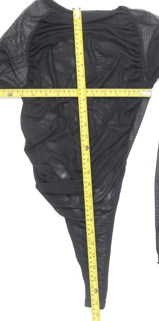 PrettyLittleThing Women Black Mesh Long Sleeve Bodysuit UK 8