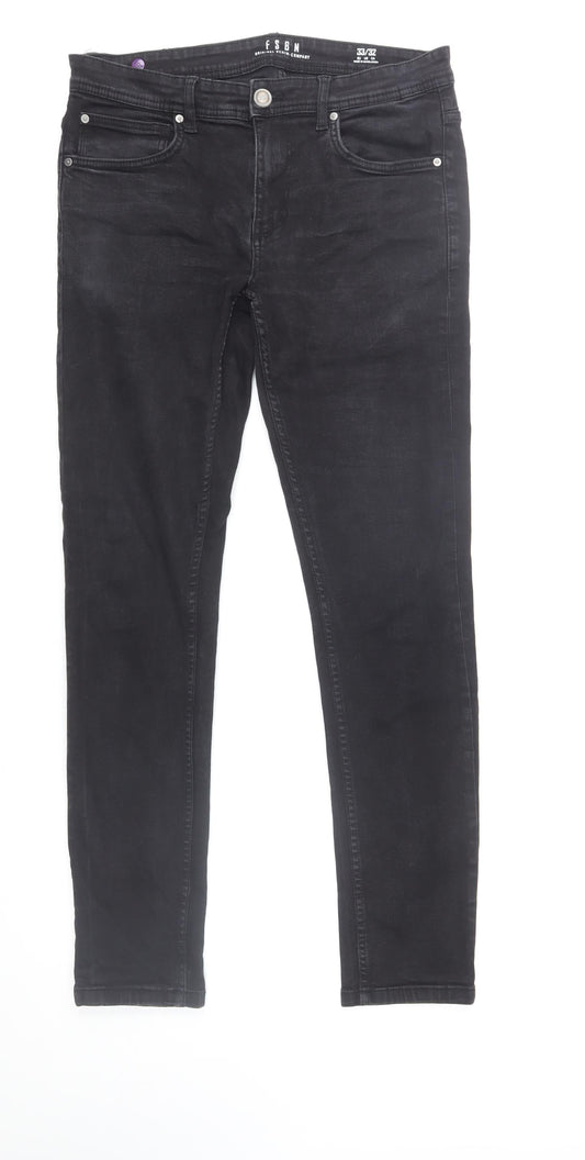 FSBN Men's Black Slim Fit Denim Jeans 33W 32L Skinny Style