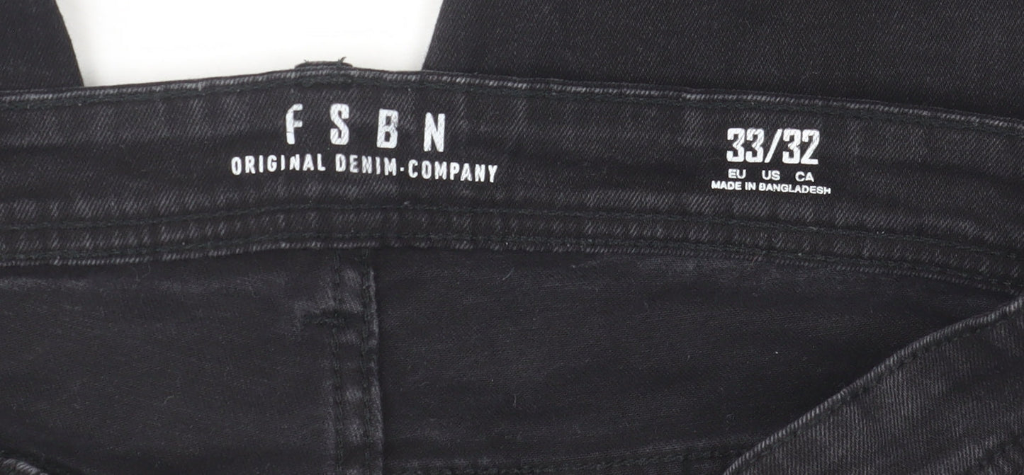 FSBN Men's Black Slim Fit Denim Jeans 33W 32L Skinny Style