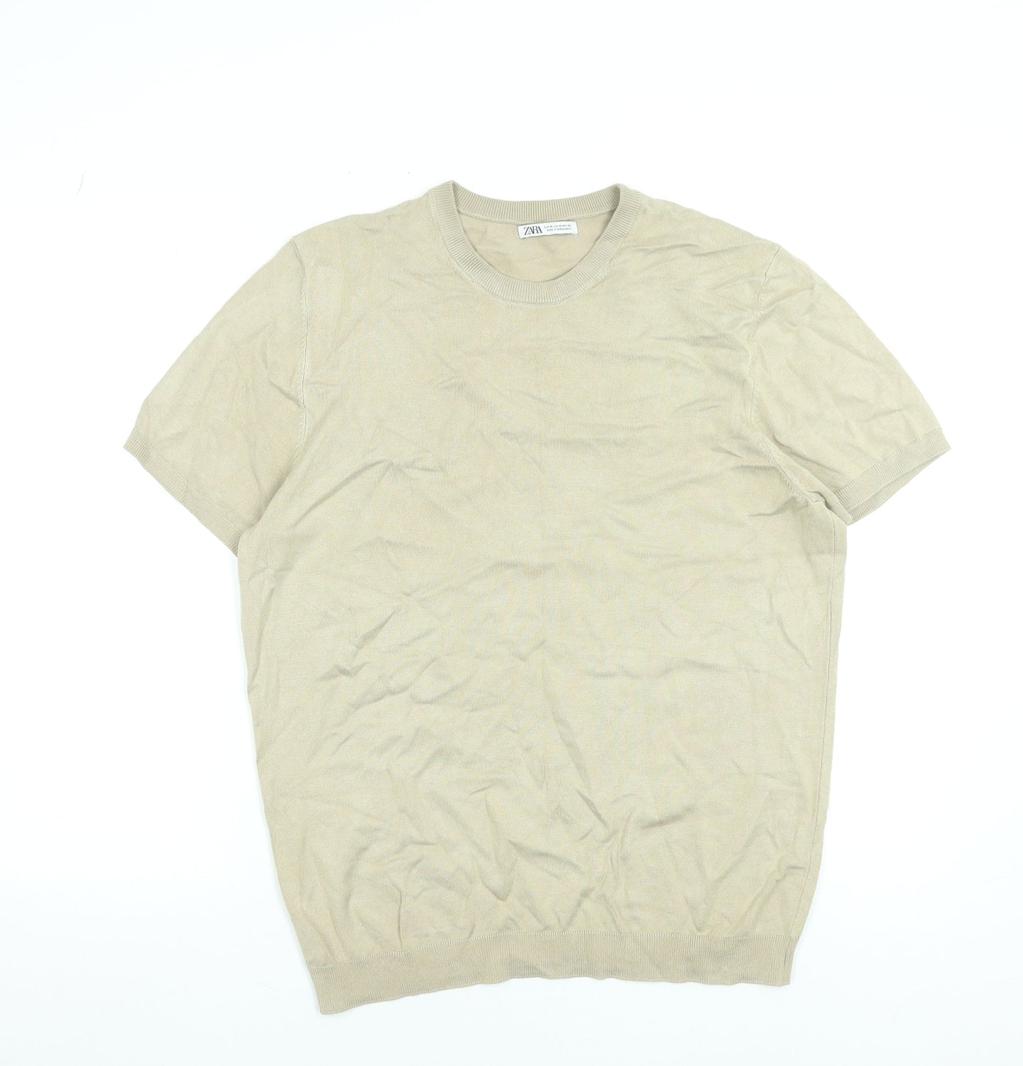 Zara Men Beige Cotton Short Sleeve Pullover Jumper M Regular Fit