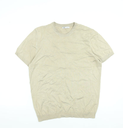 Zara Men Beige Cotton Short Sleeve Pullover Jumper M Regular Fit