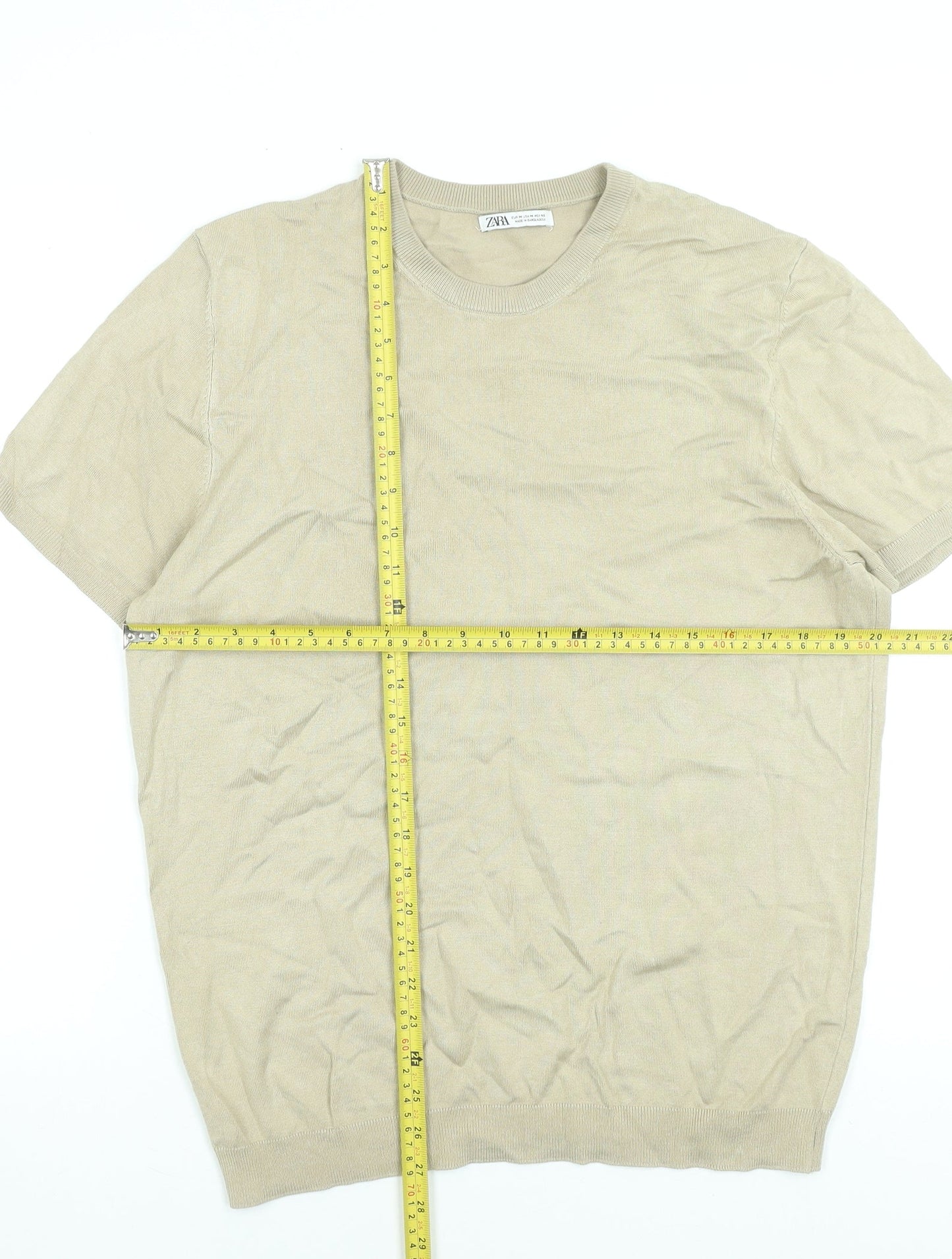 Zara Men Beige Cotton Short Sleeve Pullover Jumper M Regular Fit