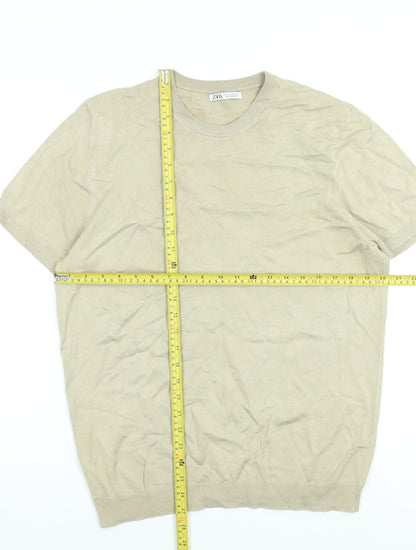 Zara Men Beige Cotton Short Sleeve Pullover Jumper M Regular Fit