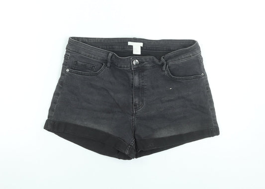 H&M Women Black Denim Shorts UK 14 Mid Rise 5-Pocket Style