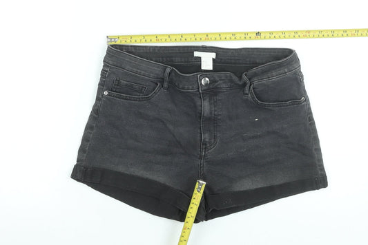 H&M Women Black Denim Shorts UK 14 Mid Rise 5-Pocket Style