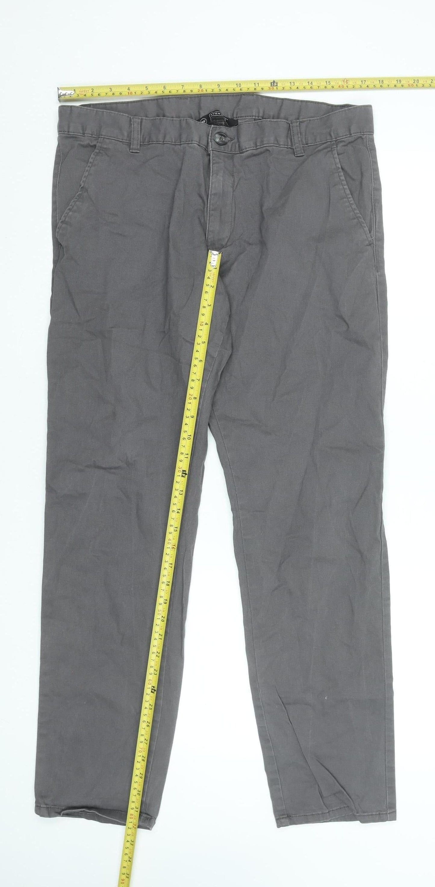 Avenue Men's Grey Chino Trousers Size 36 Regular Fit Cotton Blend