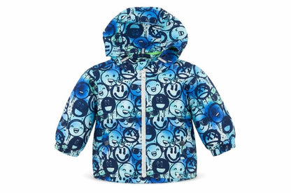 Front view of Next unisex baby blue cartoon hooded rain jacket 6-9 months polyester