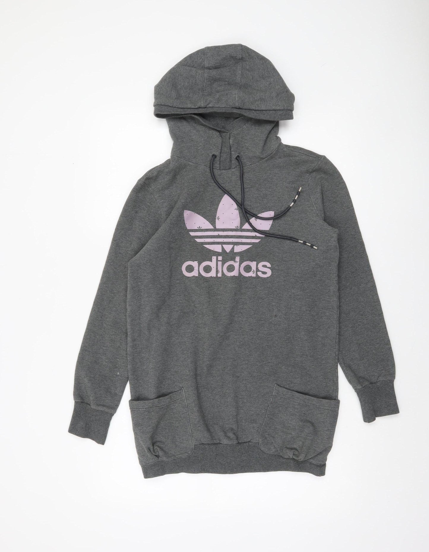 Adidas Women Grey Pullover Hoodie Size 10 Cotton Blend Logo Print