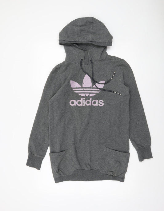 Adidas Women Grey Pullover Hoodie Size 10 Cotton Blend Logo Print