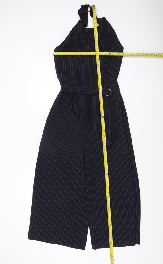 Warehouse Women's Black Pinstripe Halter Wide-Leg Jumpsuit Size 8