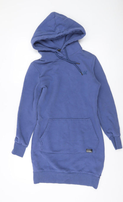 Superdry Women Blue Pullover Hoodie Dress UK 8 Cotton Blend Lined