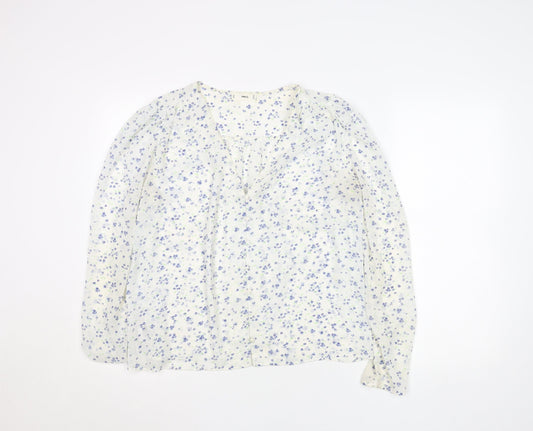 MNG Women's White Floral Chiffon Long Sleeve V-Neck Blouse Size 14