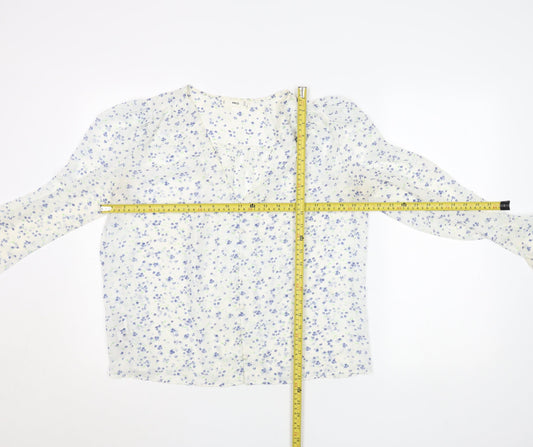 MNG Women's White Floral Chiffon Long Sleeve V-Neck Blouse Size 14