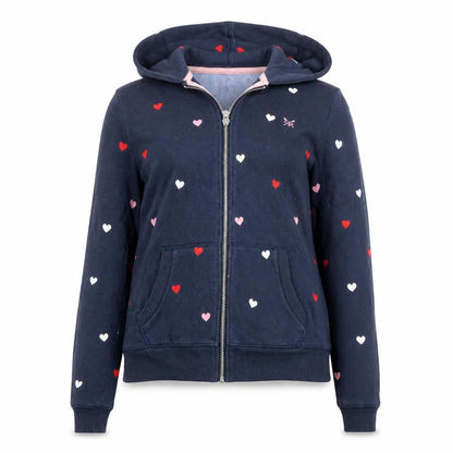 Front view of Crew Clothing women’s navy heart print full zip hoodie, size UK 10
