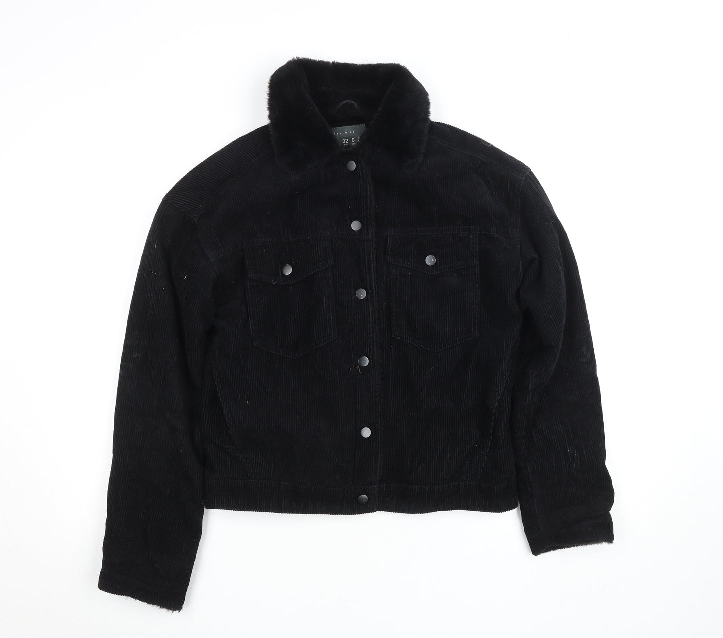 Primark Women Black Corduroy Faux Fur Lined Button Jacket Size 4