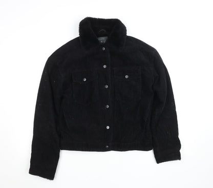 Primark Women Black Corduroy Faux Fur Lined Button Jacket Size 4