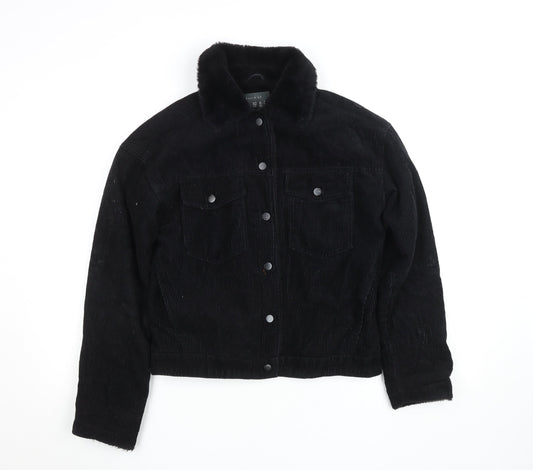 Primark Women Black Corduroy Faux Fur Lined Button Jacket Size 4