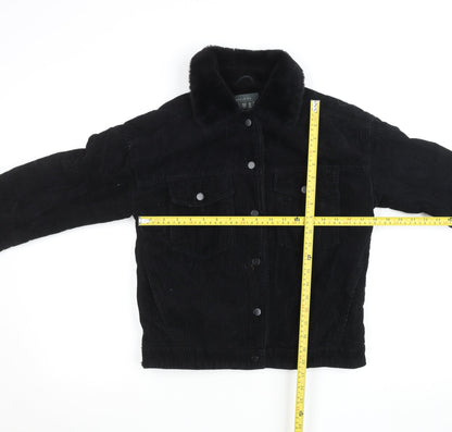 Primark Women Black Corduroy Faux Fur Lined Button Jacket Size 4