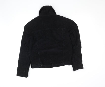 Primark Women Black Corduroy Faux Fur Lined Button Jacket Size 4