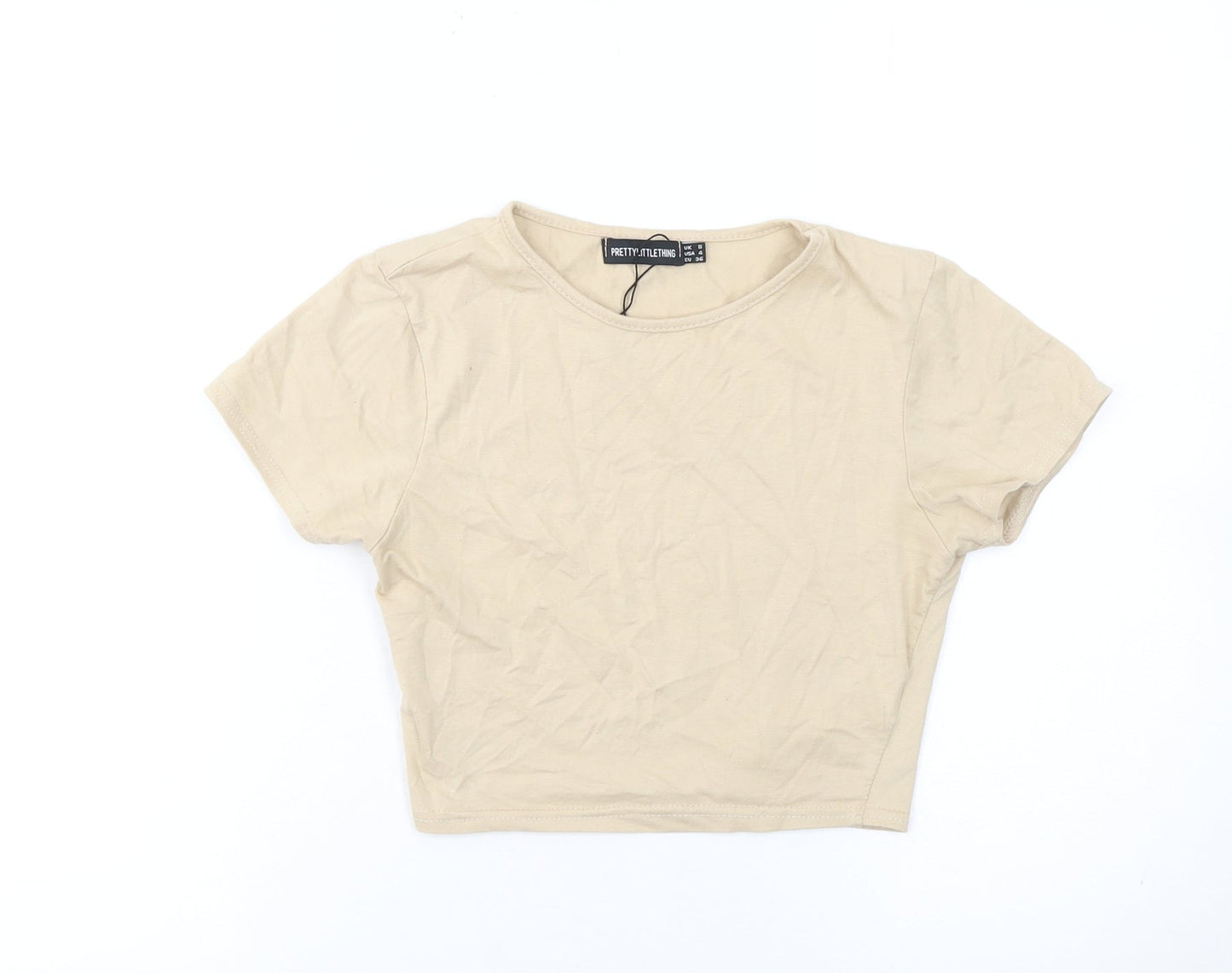 PrettyLittleThing Women Beige Crop T-Shirt Size 8 Cotton Blend