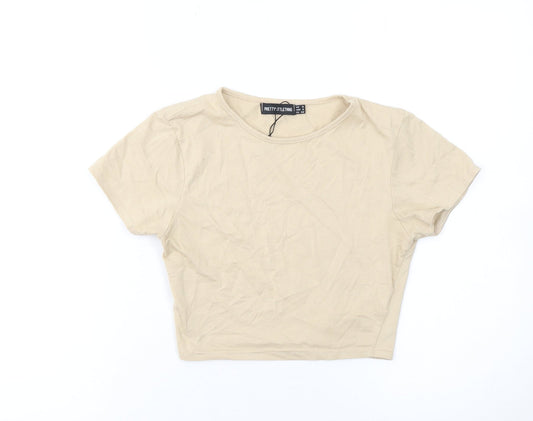 PrettyLittleThing Women Beige Crop T-Shirt Size 8 Cotton Blend