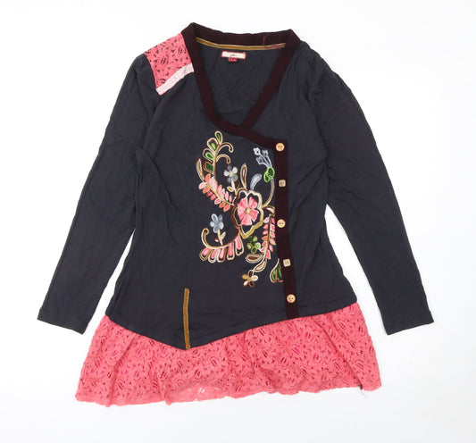 Joe Browns Womens Black & Pink Embroidered Wrap Blouse Size 10
