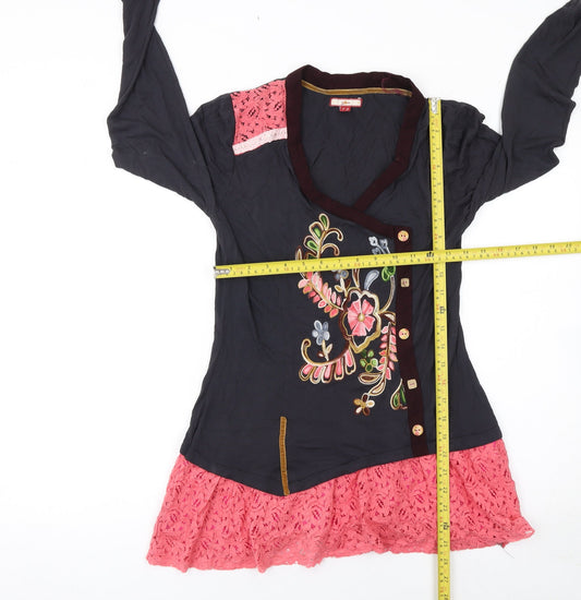 Joe Browns Womens Black & Pink Embroidered Wrap Blouse Size 10