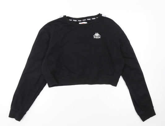 Kappa Womens Black Cropped Pullover Sweatshirt Large Logo Tape Sleeve