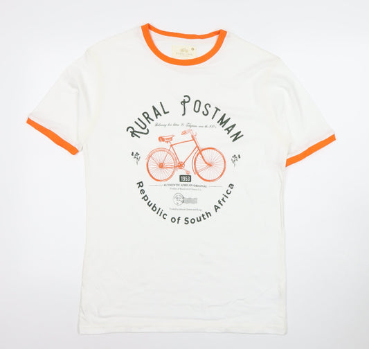 Rural Love Men's White Orange Trim Retro Graphic Cotton T-Shirt M