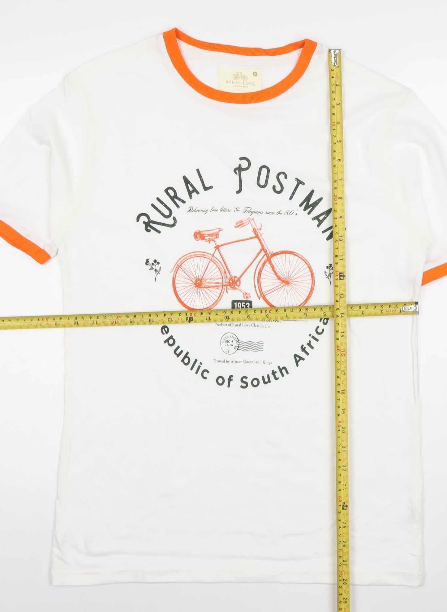 Rural Love Men's White Orange Trim Retro Graphic Cotton T-Shirt M