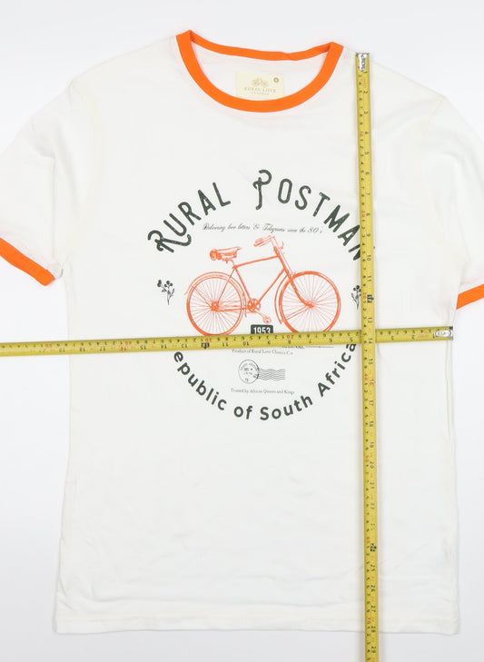 Rural Love Men's White Orange Trim Retro Graphic Cotton T-Shirt M