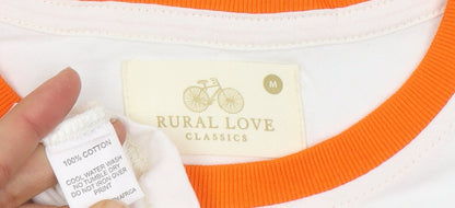 Rural Love Men's White Orange Trim Retro Graphic Cotton T-Shirt M
