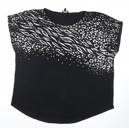 Capsule Womens Black Animal Print Relaxed Fit Crew Neck Blouse Size 16