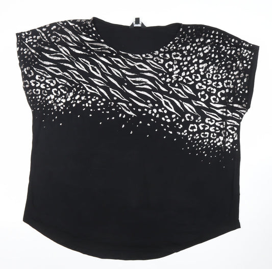 Capsule Womens Black Animal Print Relaxed Fit Crew Neck Blouse Size 16
