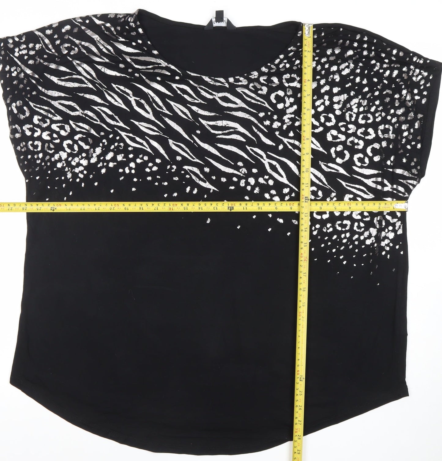 Capsule Womens Black Animal Print Relaxed Fit Crew Neck Blouse Size 16