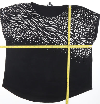 Capsule Womens Black Animal Print Relaxed Fit Crew Neck Blouse Size 16